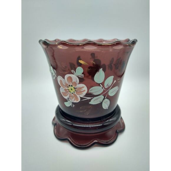 Vintage Amethyst Glass Vase 4” Hand Painted Floral Gold Trim Wear - Picture 3 of 11